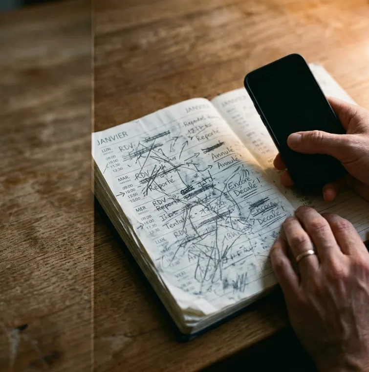Des mains posées sur un carnet manuscrit annoté, à côté d'un téléphone.
