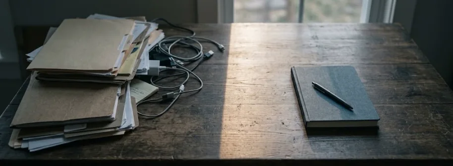 Des chemises cartonnées empilées sur un bureau en bois.