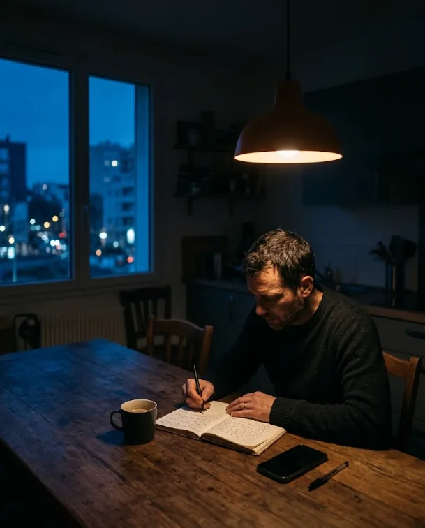 Un formateur écrit à la main dans un carnet, le soir, à la lumière d'une suspension.