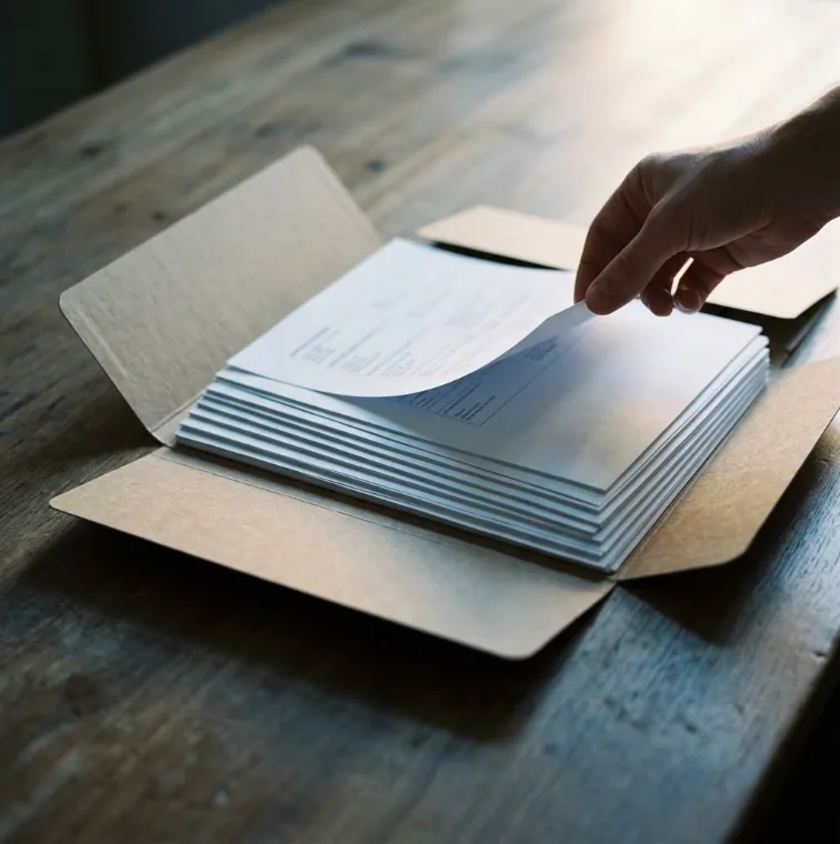 Une main feuillette une liasse de documents rangés dans une chemise cartonnée.