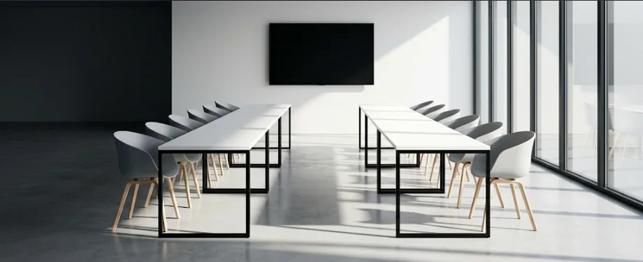 Une salle de formation claire, tables en U, prête à accueillir un groupe.