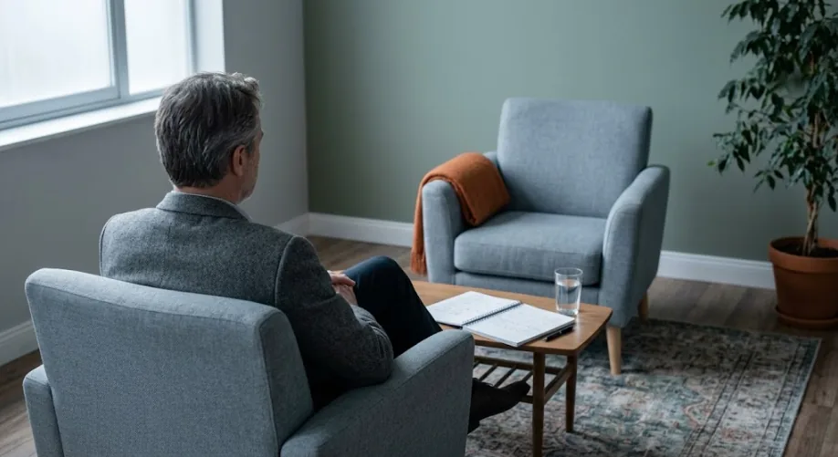 Deux fauteuils face à face dans un cabinet, une séance individuelle en cours.